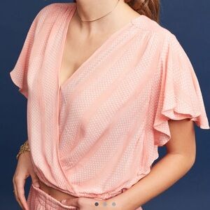 Maeve Anthropologie Nell Wrap Crop Blouse Pink Flutter Sleeve Size M